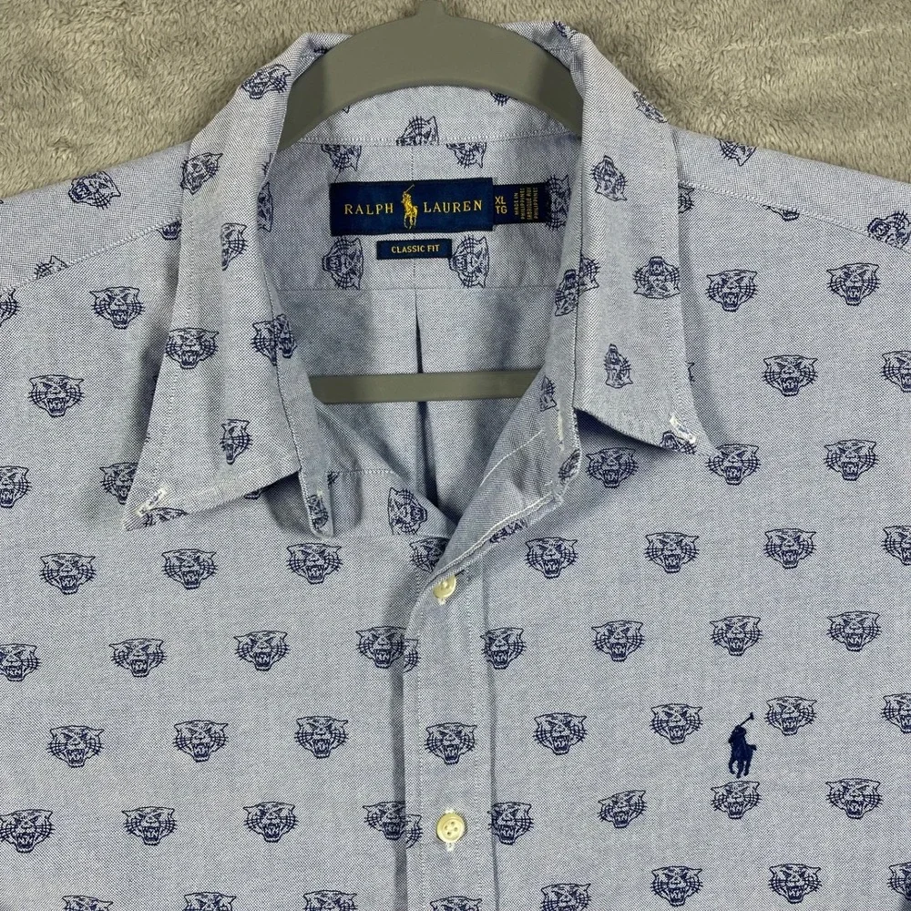 Ralph Lauren Button Down Shirt Mens XL Blue Tiger Head Embroidered Oxford‎